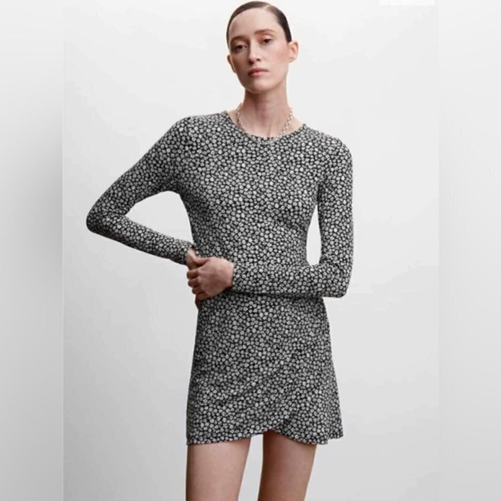 Mango, Flower Print Long Sleeve Dress - Black. Size: XS, 2 US. NIB